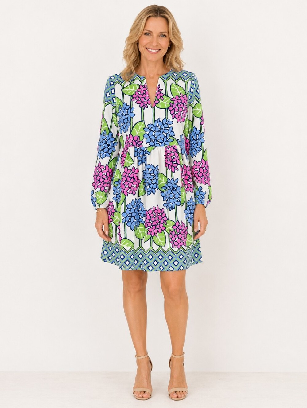 Sail to Sable Hydrangea Floral Dress XS Blue Pink Green‎ Long Sleeve Lined